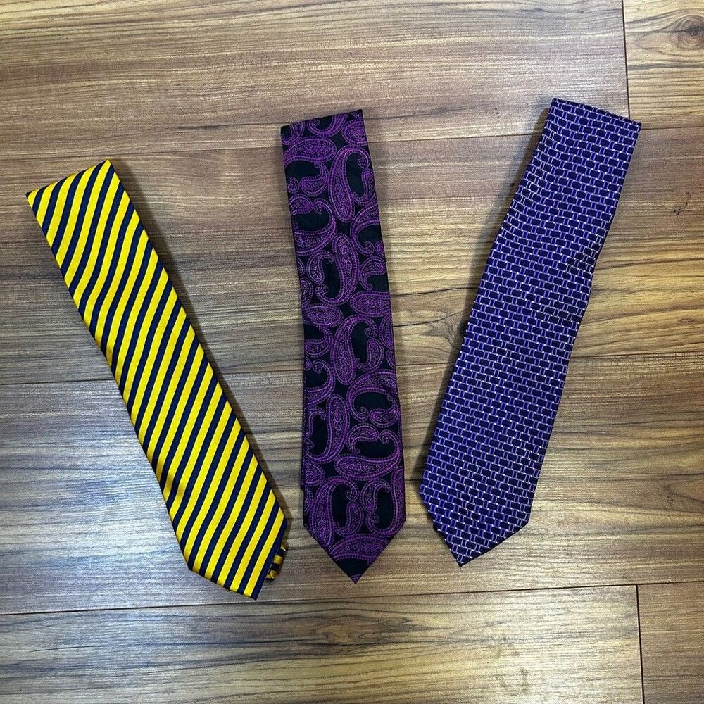 Mens Silk Tie Lot of 3 Zianetti Adolfo St Patrick Purple Yellow Paisley Striped - Picture 2 of 7